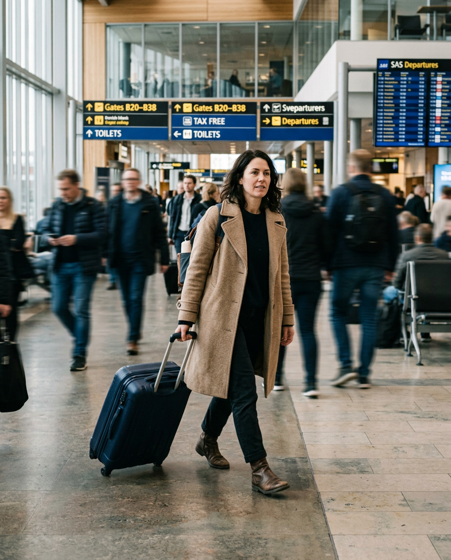 Nainen kävelee lentokenttäterminaalissa tummansinisen kovakuorisen matkalaukun kanssa